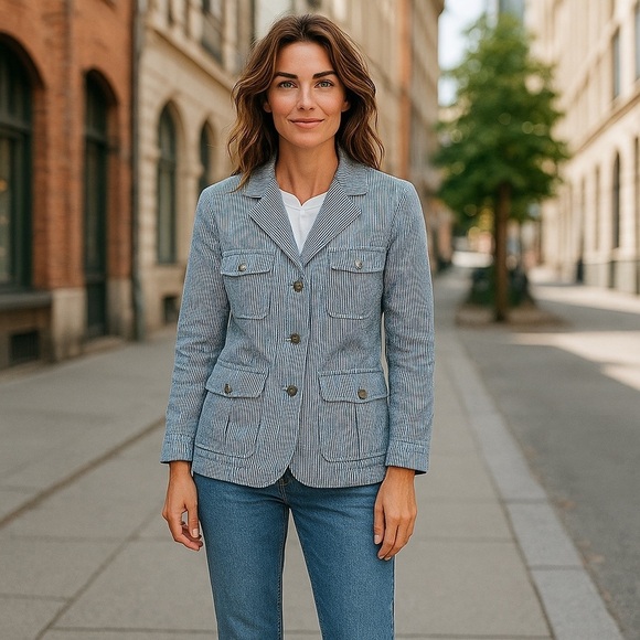 Women's Railroad Striped Blue/White Blazer Jacket Route 66 Size Med Trucker - Picture 1 of 4